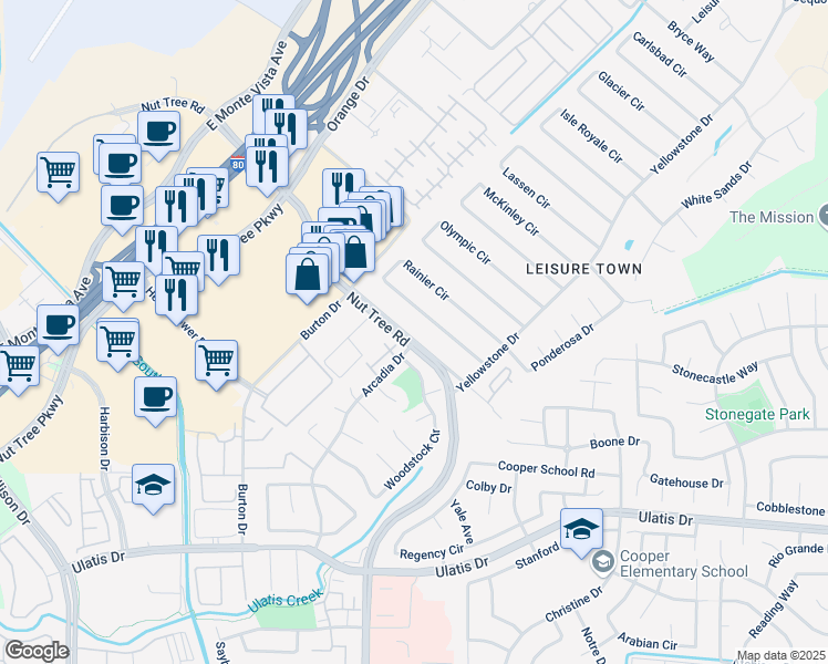 map of restaurants, bars, coffee shops, grocery stores, and more near 450 Nut Tree Road in Vacaville
