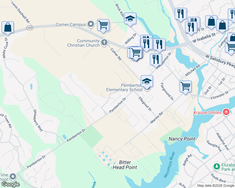 map of restaurants, bars, coffee shops, grocery stores, and more near 1409 Hidden Meadow Ln in Salisbury