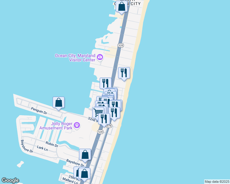 map of restaurants, bars, coffee shops, grocery stores, and more near 14 36th Street in Ocean City
