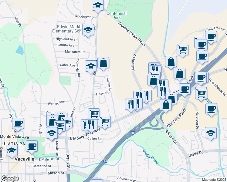 map of restaurants, bars, coffee shops, grocery stores, and more near 1390 Callen Street in Vacaville