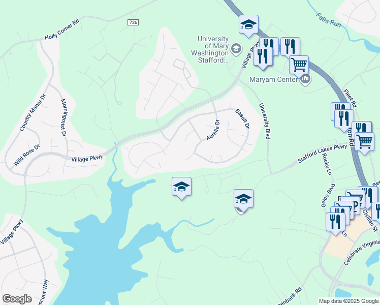 map of restaurants, bars, coffee shops, grocery stores, and more near 41 Aurelie Drive in Fredericksburg