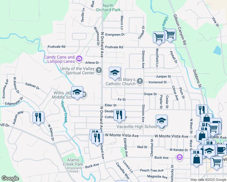map of restaurants, bars, coffee shops, grocery stores, and more near 560 Fir Street in Vacaville