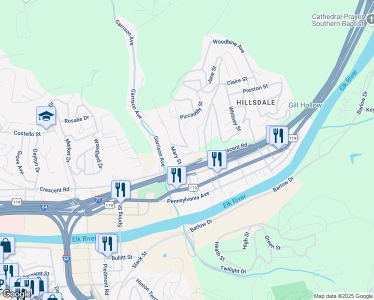 map of restaurants, bars, coffee shops, grocery stores, and more near 1573-1581 Whitney St in Charleston