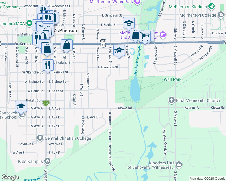 map of restaurants, bars, coffee shops, grocery stores, and more near 516 South Park Street in McPherson