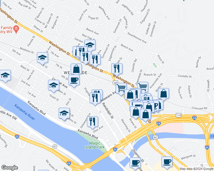 map of restaurants, bars, coffee shops, grocery stores, and more near 517 Roane Street in Charleston