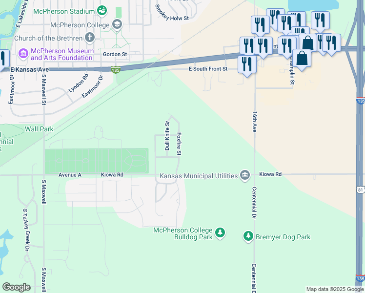 map of restaurants, bars, coffee shops, grocery stores, and more near 521-549 Foxfire Street in McPherson