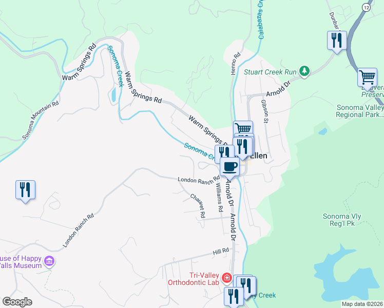 map of restaurants, bars, coffee shops, grocery stores, and more near 1085 Robertson Road in Glen Ellen