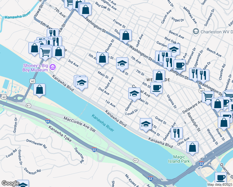 map of restaurants, bars, coffee shops, grocery stores, and more near 203 Russell Street in Charleston