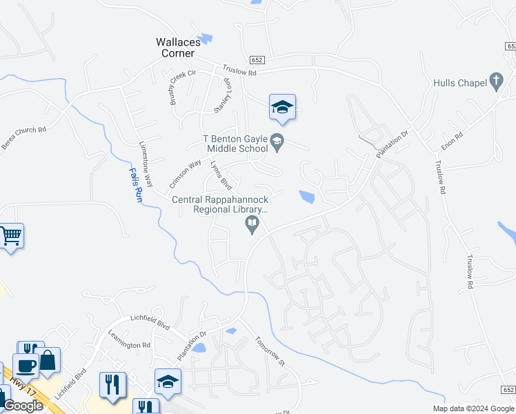 map of restaurants, bars, coffee shops, grocery stores, and more near 2 Azalea Street in Fredericksburg