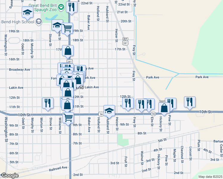 map of restaurants, bars, coffee shops, grocery stores, and more near 1211 Heizer Street in Great Bend