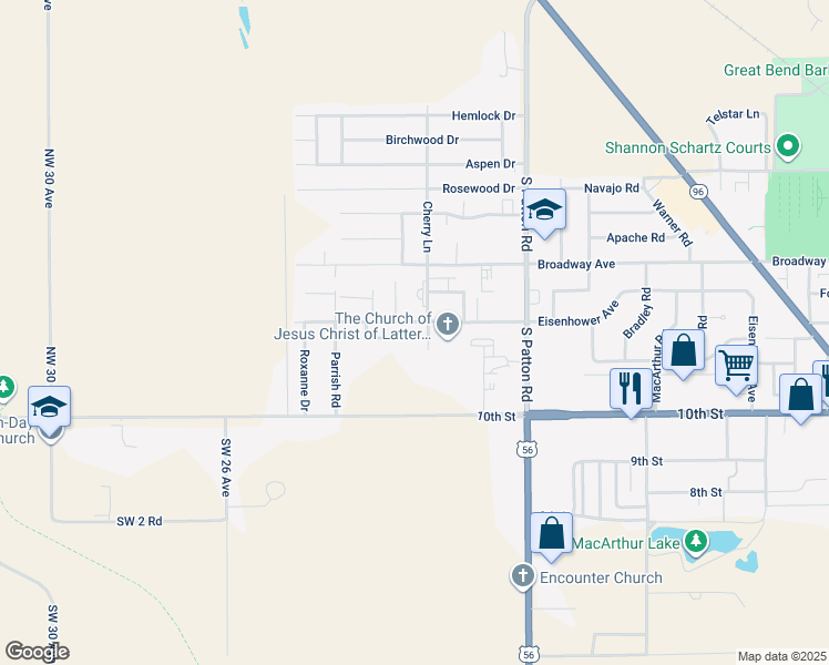 map of restaurants, bars, coffee shops, grocery stores, and more near 5900 B Eisenhower Court in Great Bend