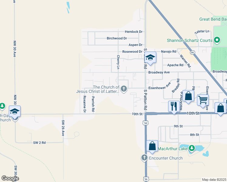 map of restaurants, bars, coffee shops, grocery stores, and more near 5900 B Eisenhower Court in Great Bend