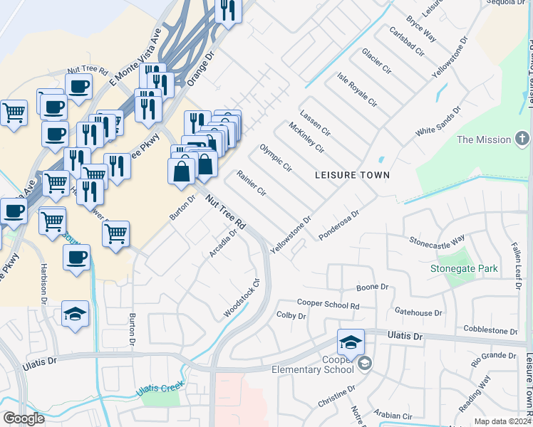 map of restaurants, bars, coffee shops, grocery stores, and more near 117 Rainier Circle in Vacaville