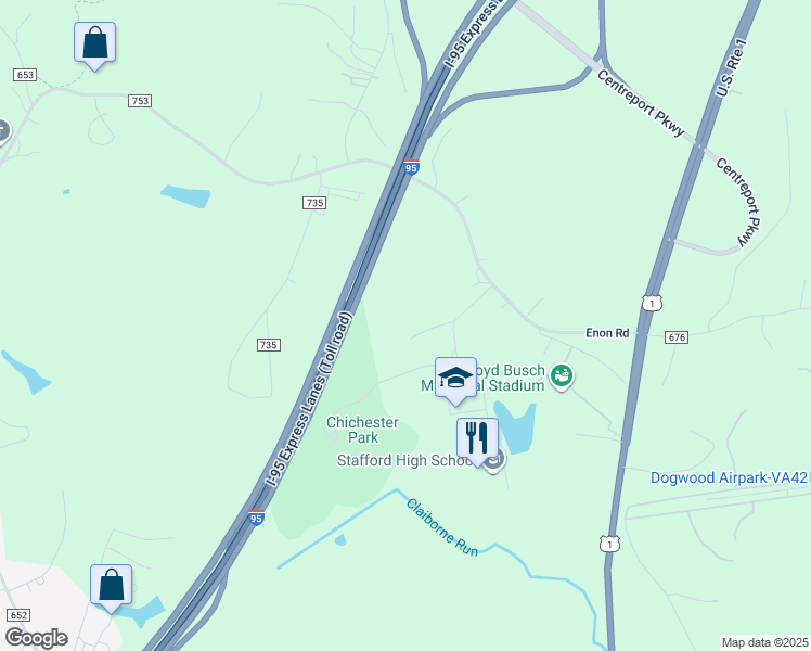 map of restaurants, bars, coffee shops, grocery stores, and more near 54 Stafford Indians Lane in Fredericksburg