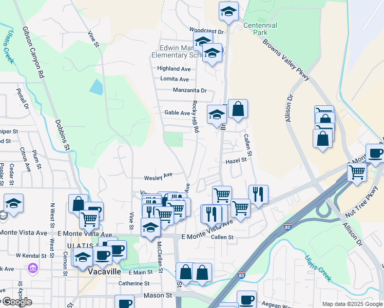 map of restaurants, bars, coffee shops, grocery stores, and more near 582 Rocky Hill Road in Vacaville
