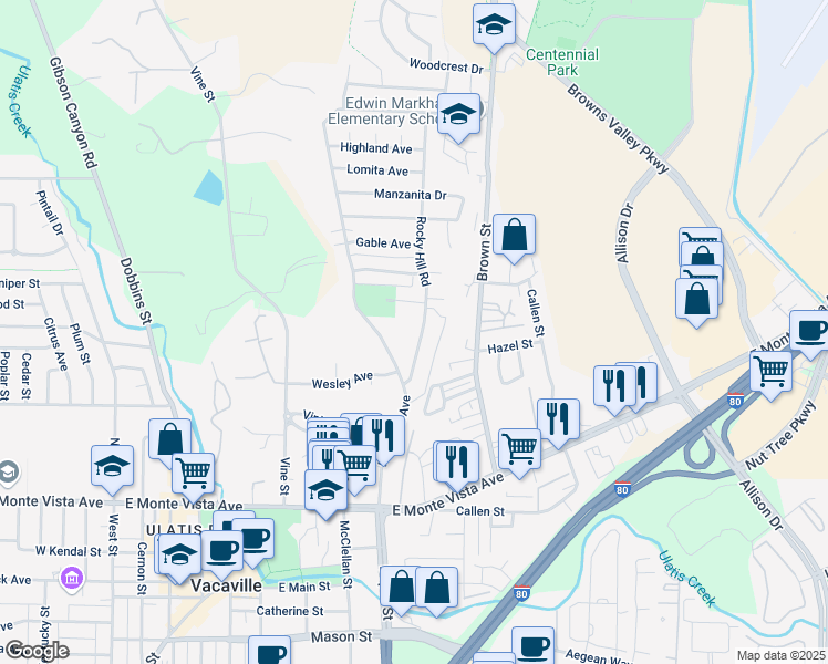 map of restaurants, bars, coffee shops, grocery stores, and more near 582 Rocky Hill Road in Vacaville