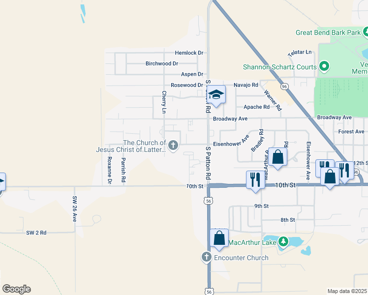 map of restaurants, bars, coffee shops, grocery stores, and more near 5851 Eisenhower Avenue in Great Bend
