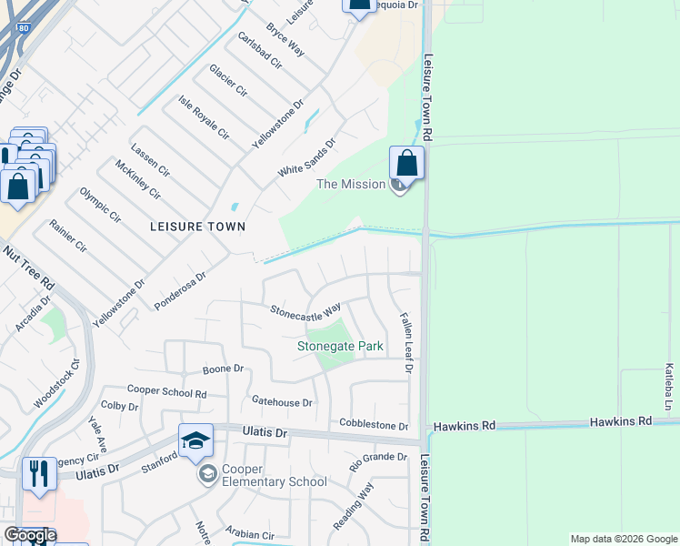 map of restaurants, bars, coffee shops, grocery stores, and more near 242 Stonegate Drive in Vacaville