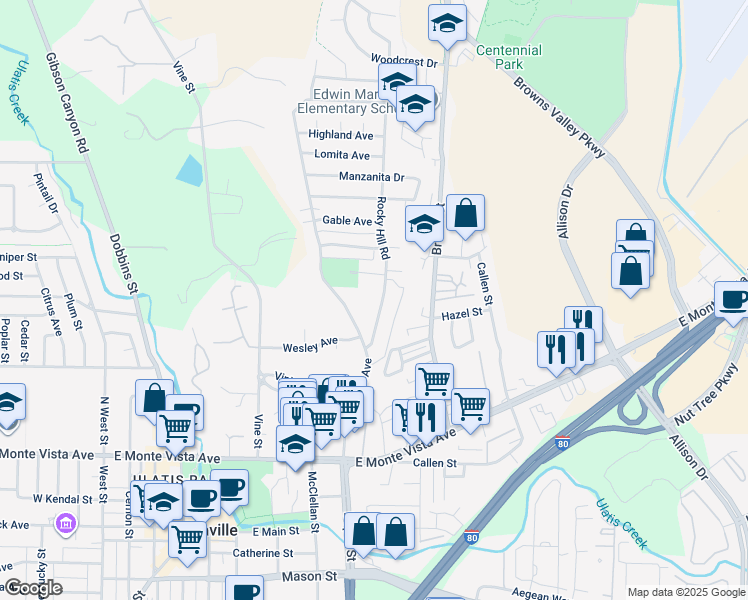 map of restaurants, bars, coffee shops, grocery stores, and more near 591 Rocky Hill Road in Vacaville