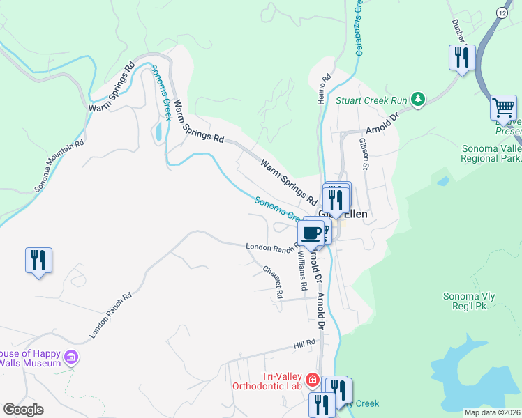 map of restaurants, bars, coffee shops, grocery stores, and more near 1085 Robertson Road in Glen Ellen