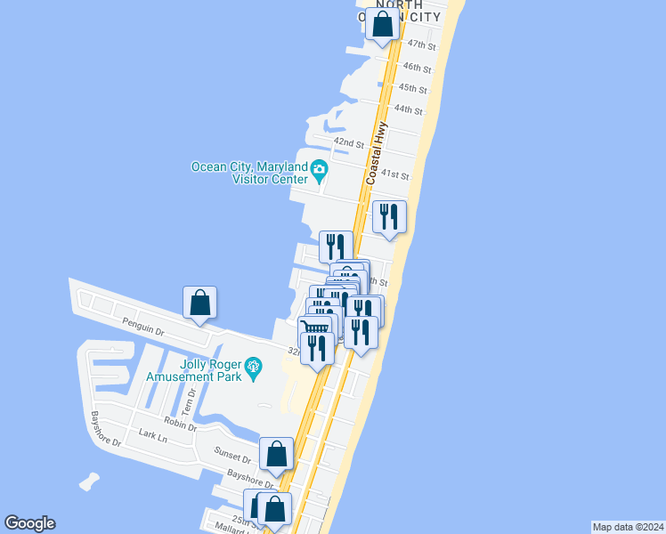 map of restaurants, bars, coffee shops, grocery stores, and more near 210 Hitchens Avenue in Ocean City
