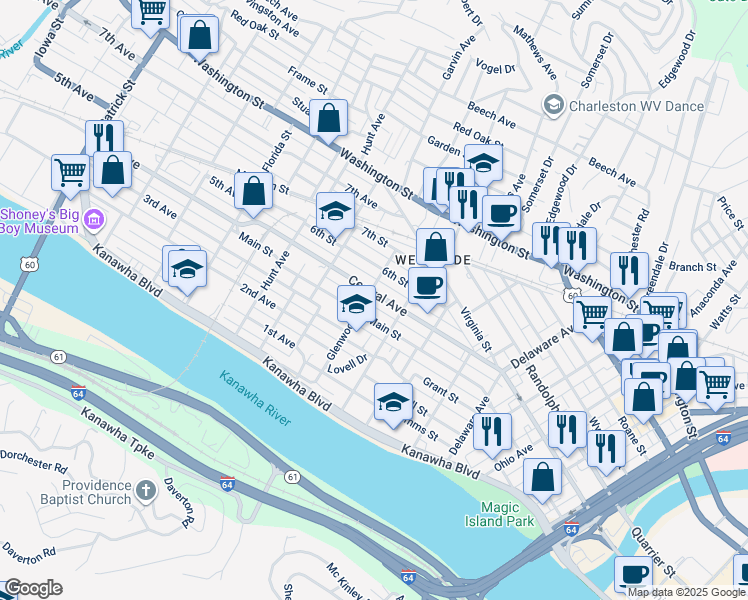 map of restaurants, bars, coffee shops, grocery stores, and more near 819 Central Avenue in Charleston