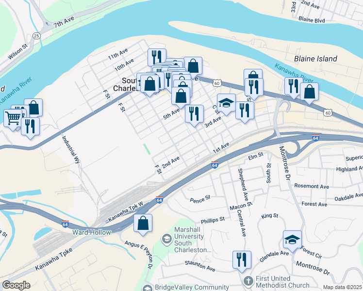 map of restaurants, bars, coffee shops, grocery stores, and more near 120 3rd Avenue Southwest in South Charleston