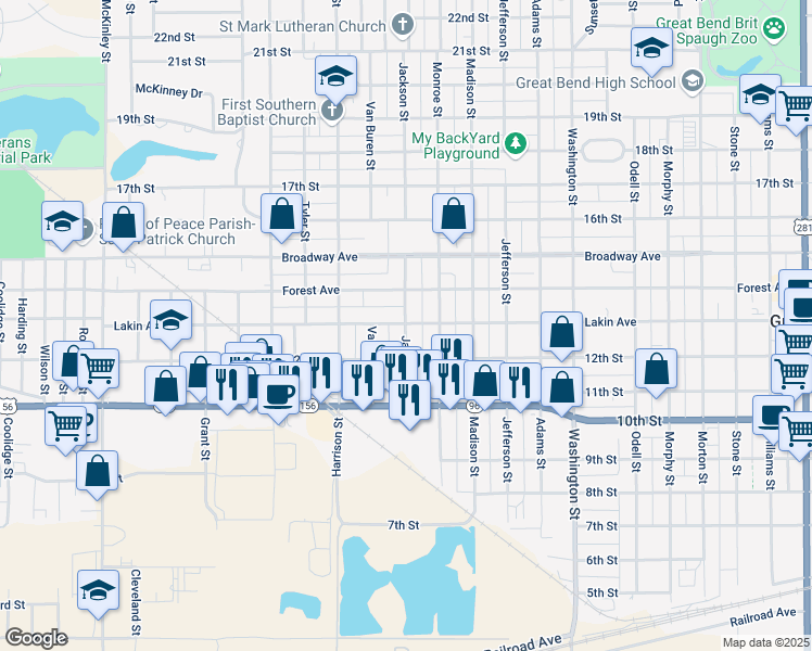 map of restaurants, bars, coffee shops, grocery stores, and more near 1299 Jackson St in Great Bend