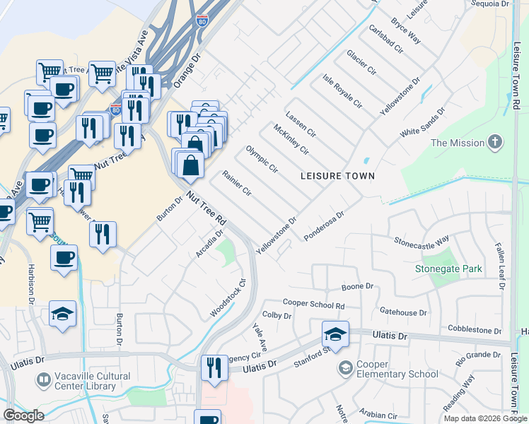 map of restaurants, bars, coffee shops, grocery stores, and more near 205 Rainier Circle in Vacaville
