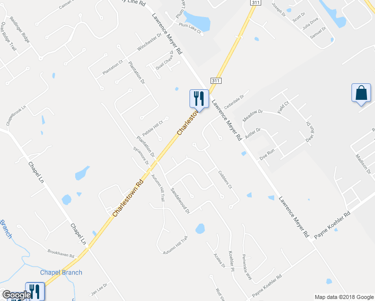 map of restaurants, bars, coffee shops, grocery stores, and more near 3021 Cobblers Crossing Road in New Albany