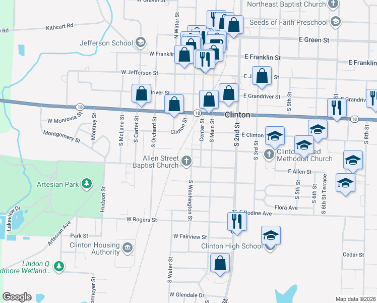 map of restaurants, bars, coffee shops, grocery stores, and more near 601 South Washington Street in Clinton