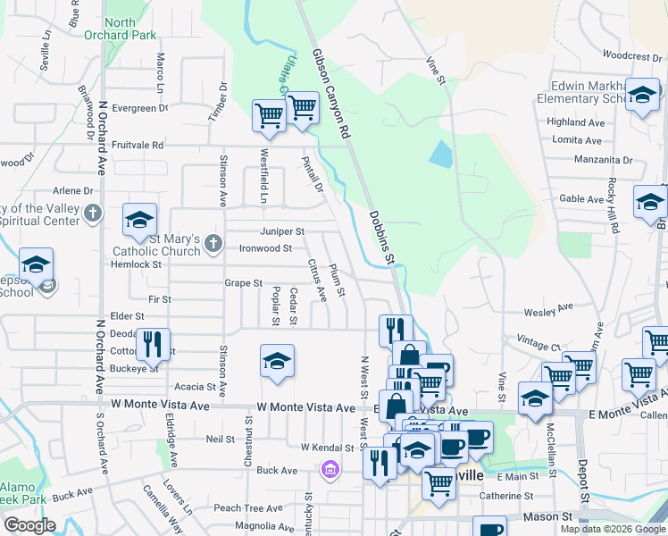 map of restaurants, bars, coffee shops, grocery stores, and more near Plum St & Hemlock St in Vacaville