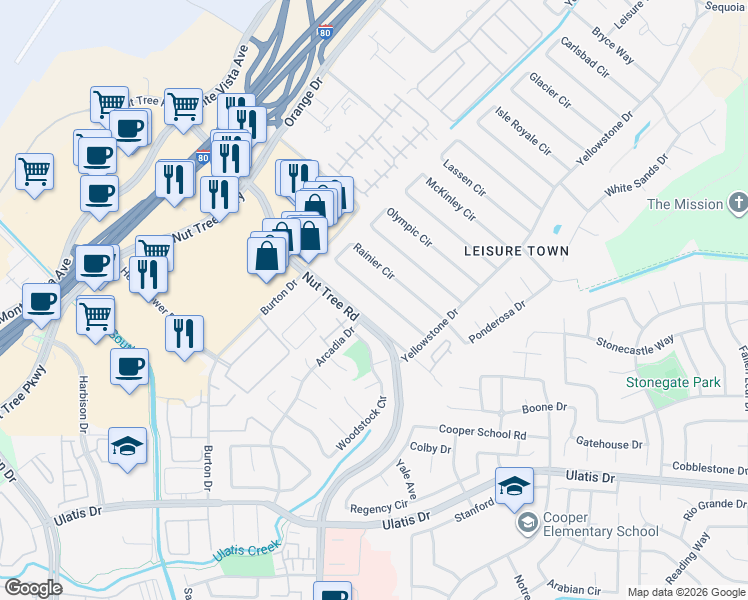 map of restaurants, bars, coffee shops, grocery stores, and more near 124 Rainier Circle in Vacaville