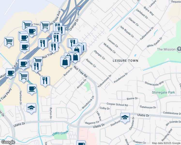 map of restaurants, bars, coffee shops, grocery stores, and more near 450 Nut Tree Road in Vacaville