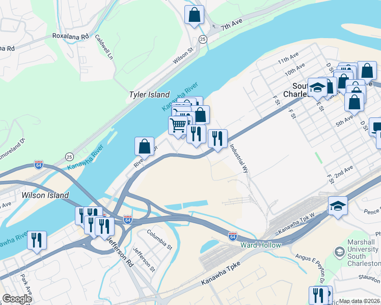map of restaurants, bars, coffee shops, grocery stores, and more near 3 Maccorkle Avenue Southwest in South Charleston