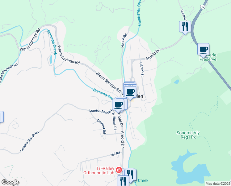 map of restaurants, bars, coffee shops, grocery stores, and more near 5319 O'Donnell Lane in Glen Ellen