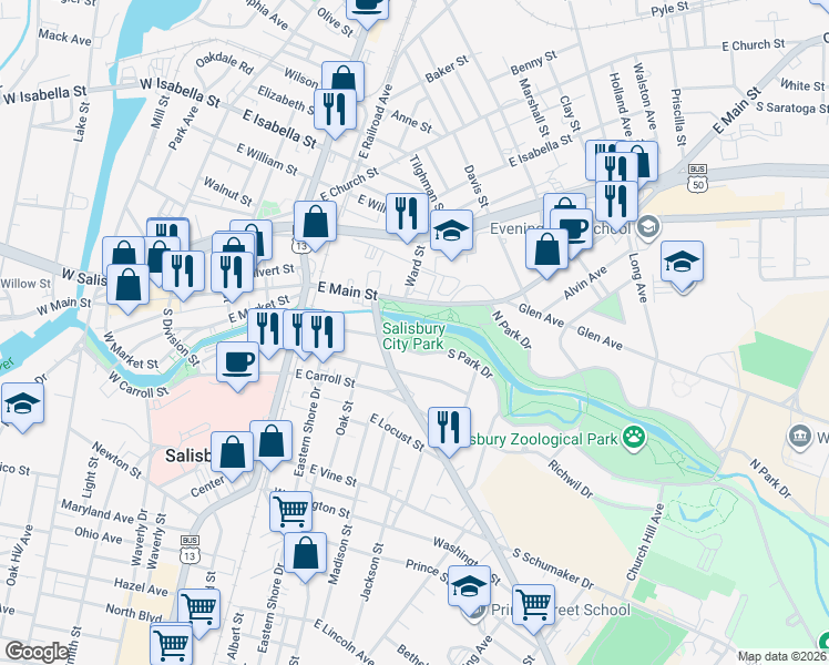 map of restaurants, bars, coffee shops, grocery stores, and more near 535 South Park Drive in Salisbury