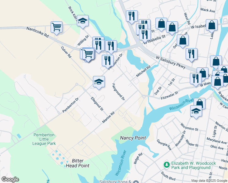 map of restaurants, bars, coffee shops, grocery stores, and more near 1010 Fairground Drive in Salisbury
