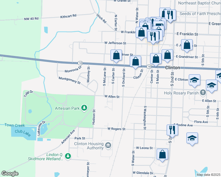 map of restaurants, bars, coffee shops, grocery stores, and more near 501-699 S Carter St in Clinton