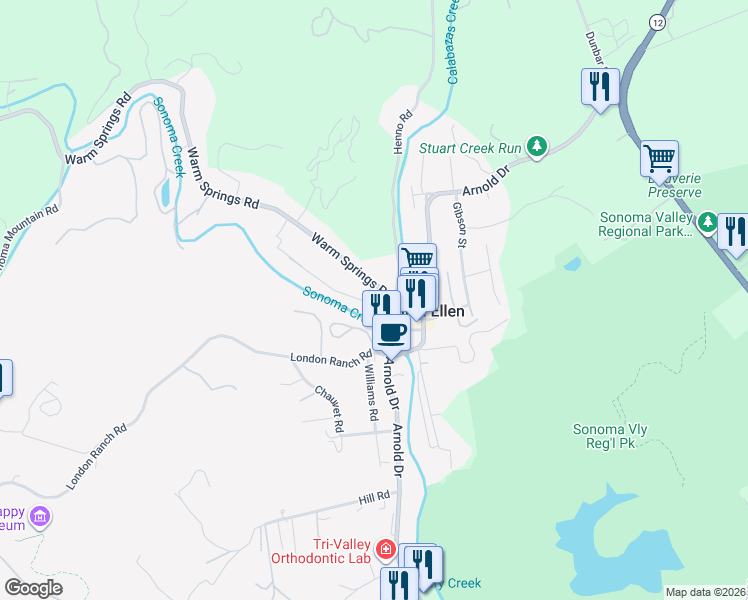 map of restaurants, bars, coffee shops, grocery stores, and more near 5319 O'Donnell Lane in Glen Ellen