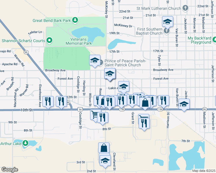 map of restaurants, bars, coffee shops, grocery stores, and more near 1217 McKinley Street in Great Bend