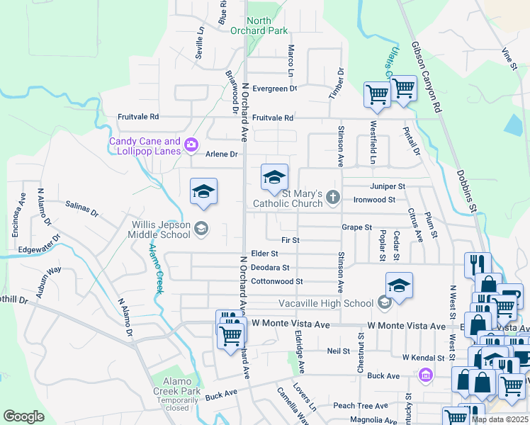 map of restaurants, bars, coffee shops, grocery stores, and more near 400 Hemlock Street in Vacaville