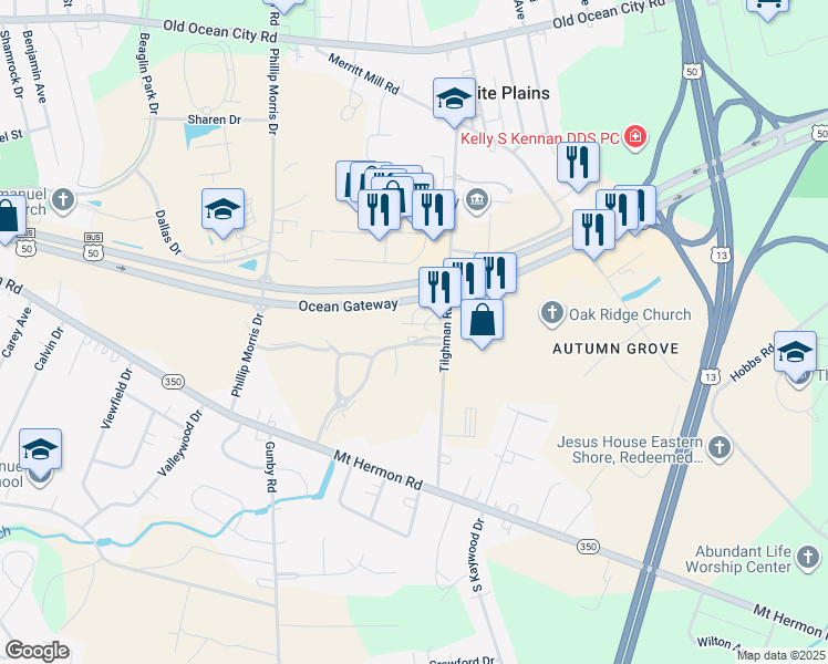 map of restaurants, bars, coffee shops, grocery stores, and more near 306 Tilghman Road in Salisbury