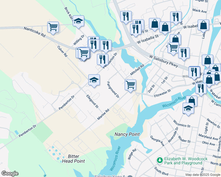 map of restaurants, bars, coffee shops, grocery stores, and more near 1010 Fairground Drive in Salisbury