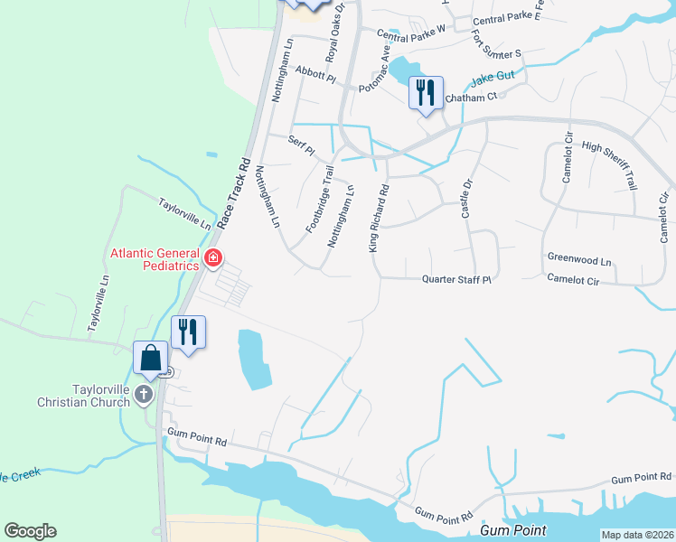 map of restaurants, bars, coffee shops, grocery stores, and more near 12 Poplar Trail in Ocean Pines