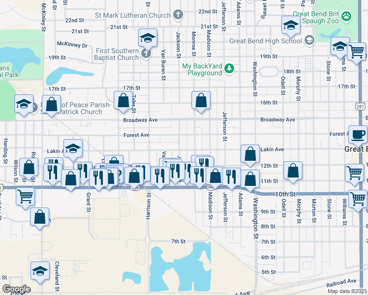 map of restaurants, bars, coffee shops, grocery stores, and more near 1201-1299 Jackson St in Great Bend