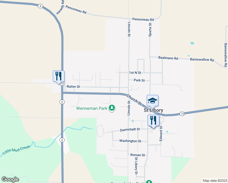 map of restaurants, bars, coffee shops, grocery stores, and more near 7334 Church Street in Saint Libory