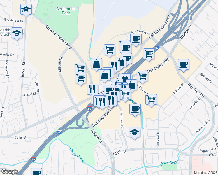 map of restaurants, bars, coffee shops, grocery stores, and more near 1610 East Monte Vista Avenue in Vacaville