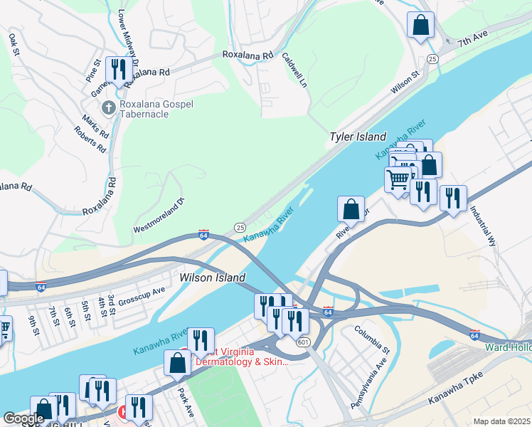 map of restaurants, bars, coffee shops, grocery stores, and more near 62 Access in Dunbar