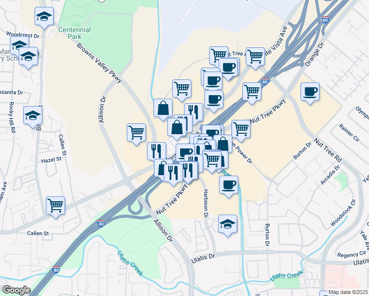 map of restaurants, bars, coffee shops, grocery stores, and more near 1630 East Monte Vista Avenue in Vacaville
